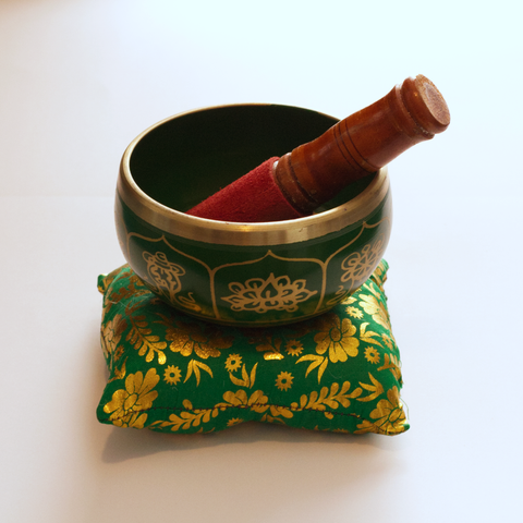 Tibetan Singing Bowl - Brass Lucky Green with Cushion 6cm x 11cm