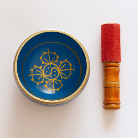 Tibetan Singing Bowl - Brass Lucky Blue with Cushion 6cm x 11cm