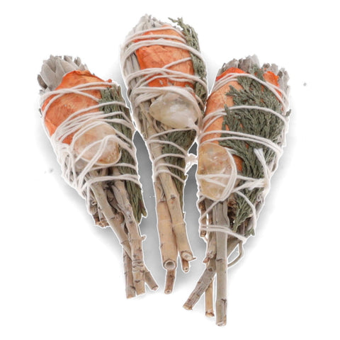 SMUDGE STICK - White Sage Torch with Mitron Leaves, Rose Petals & Citrine 8cm